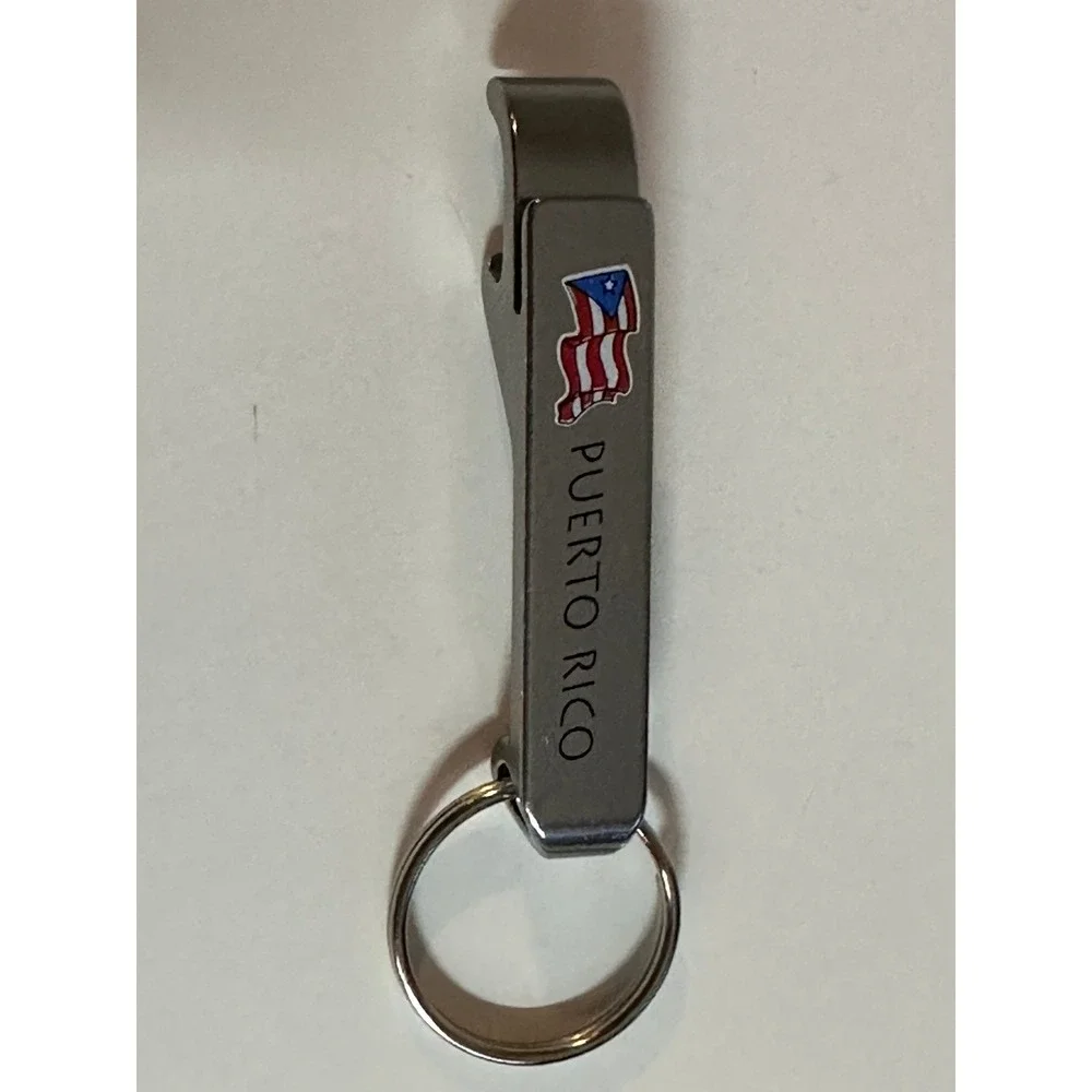 Puerto Rico Flag Bottle Opener Keychain Silver Tone Metal Souvenir Key Ring